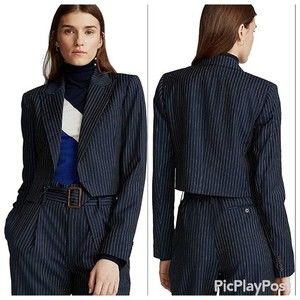 NWT Polo Ralph Lauren Cropped Navy 100% Wool Striped Blazer